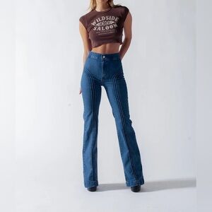 REVICE ROLLERGIRL FLARES IN BLUE CLUE WASH JEANS, SIZE 24